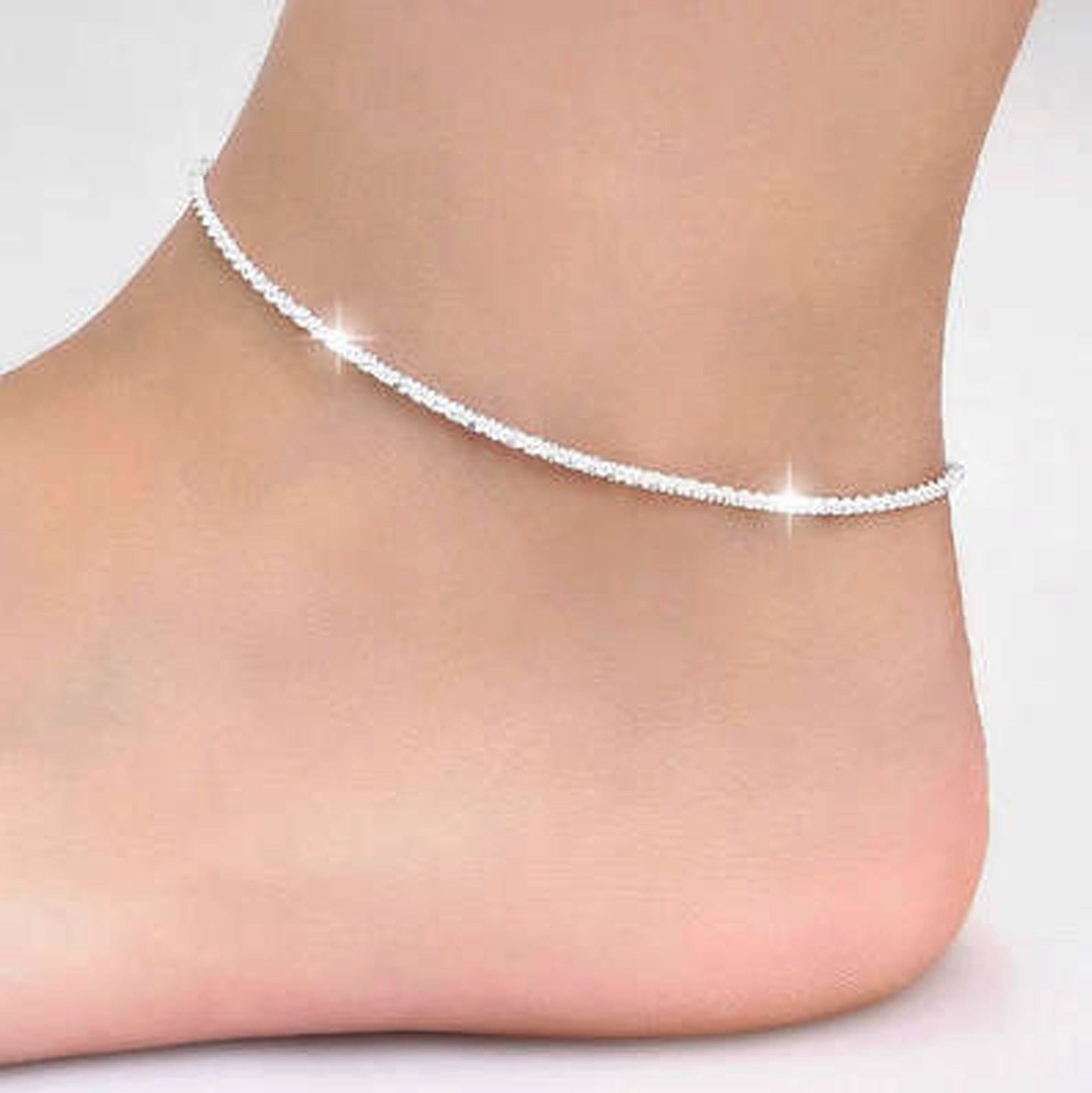 Thin stamped silver plated Shiny Chains Anklet For Women Girls Friend Foot Jewelry Leg Bracelet Barefoot Tobillera de Prata