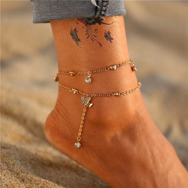 17KM Bohemian Gold Butterfly Chain Anklets Set For Women Girls Fashion Multi-layer Anklet Foot Ankle Bracelet Beach Jewelry